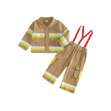 (2-3 Years, Khaki) Boys Firefighter 2 Piece Outfits Long Sleeve Turn Down Collar Contrast Color Zipper Up Jacket and Suspenders Pants Set