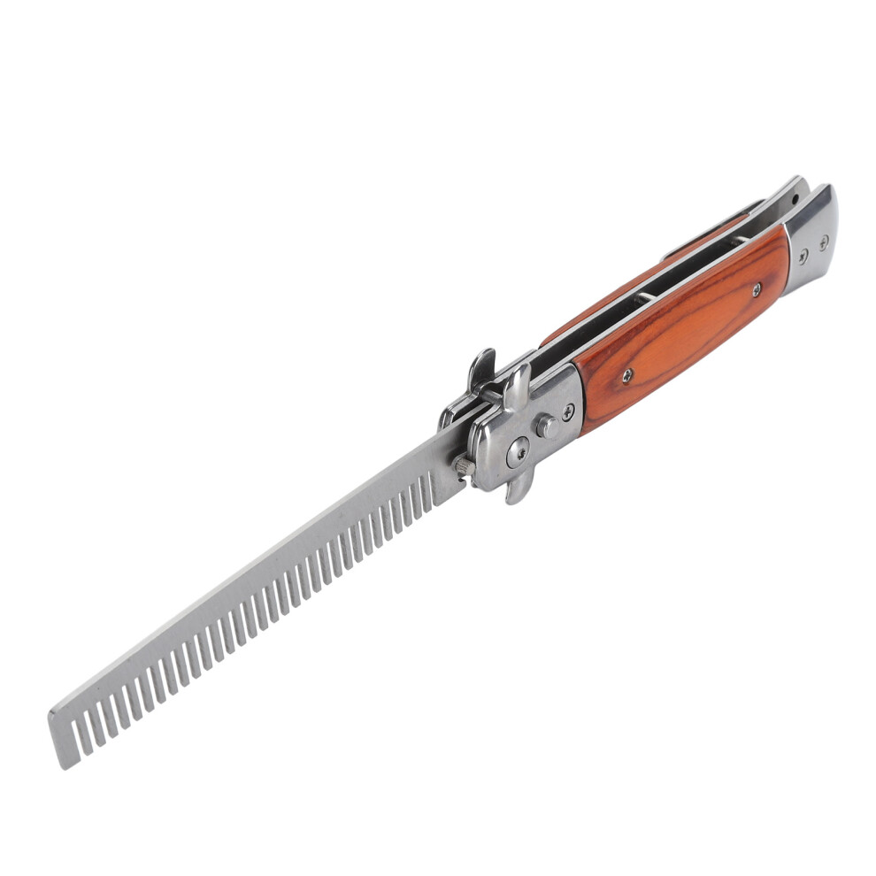 Unisex Switchblade Oil Hair Comb Stainless Steel, Redwood Handle, Portable Folding Styling Tool