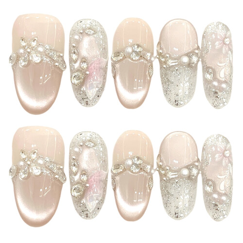 (Medium ellipse) Eco-Friendly Nude Cat Eye Nail Extensions 2