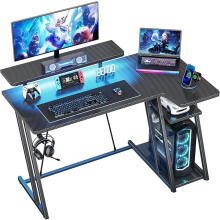 HOMIDEC Gaming Desk with LED Lights, 100CM Computer Desk with Monitor Stand, L Shaped Corner Desk with Headphone Hook and Shelves