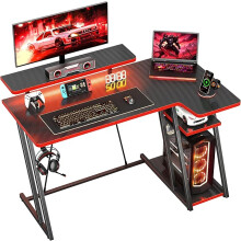 HOMIDEC Gaming Desk with LED Lights, 100CM Computer Desk with Monitor Stand, L Shaped Corner Desk with Headphone Hook and Shelves