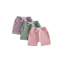 (0-6 Months, Green Purple Pink) Toddler Girls Summer Shorts 3 Pcs Set Solid Color Elastic Waist Loose Fit Short Pants with Pockets