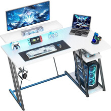 HOMIDEC Gaming Desk with LED Lights, 100CM Computer Desk with Monitor Stand, L Shaped Corner Desk with Headphone Hook and Shelves