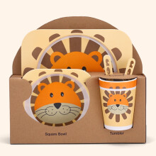 (lion) 5Pcs/Set Bamboo Kids Dinnerware Set - Children Dishes - BPA Free Food Plate Bowl Cup Spoon Fork Set Dishware, Cartoon Tableware - Cow