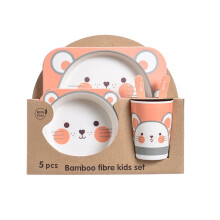 (mouse) 5Pcs/Set Bamboo Kids Dinnerware Set - Children Dishes - BPA Free Food Plate Bowl Cup Spoon Fork Set Dishware, Cartoon Tableware - Cow