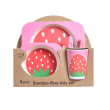(strawberry) 5Pcs/Set Bamboo Kids Dinnerware Set - Children Dishes - BPA Free Food Plate Bowl Cup Spoon Fork Set Dishware, Cartoon Tableware - Cow