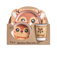 (squaredeer) 5Pcs/Set Bamboo Kids Dinnerware Set - Children Dishes - BPA Free Food Plate Bowl Cup Spoon Fork Set Dishware, Cartoon Tableware - Cow