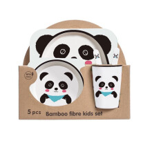 (panda) 5Pcs/Set Bamboo Kids Dinnerware Set - Children Dishes - BPA Free Food Plate Bowl Cup Spoon Fork Set Dishware, Cartoon Tableware - Cow