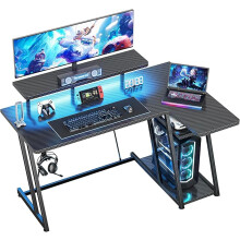 HOMIDEC Gaming Desk with LED Lights, 120CM Computer Desk with Monitor Stand, L Shaped Corner Desks with Headphone Hook and Shelves