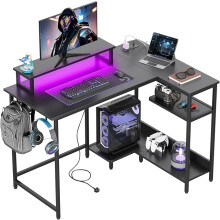 L Shaped Gaming Desk with Power Outlets & RGB LED Lights, 111CM Gaming Desk with Monitor Stand & Hook, Corner Desks with Storage