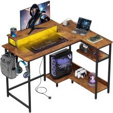 L Shaped Gaming Desk with Power Outlets & RGB LED Lights, 111CM Gaming Desk with Monitor Stand & Hook, Corner Desks with Storage Shelf