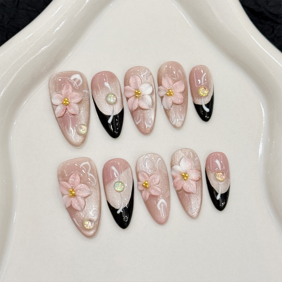 Roc-Electron Pink (L) Cat Eye Almond Fake Nails For Stage Performance