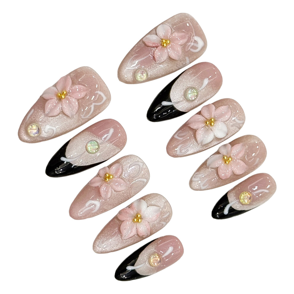 Creation-3C (Xs) Pink Cat Eye Almond Fake Nails - Odorless & Comfy