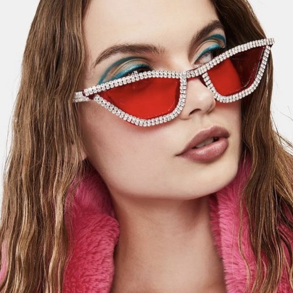 Penghui-Toys Red (Transparent ) Cat Eye Rhinestone Sunglasses For Women