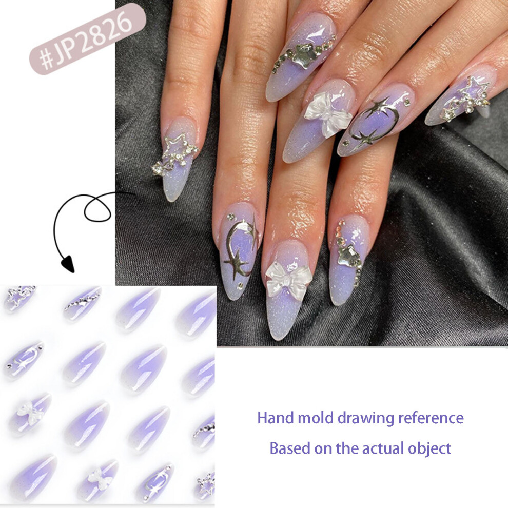 Dachuang Beauty Purple (Jelly Glue Model) Almond False Nails With Bowknot & Stars