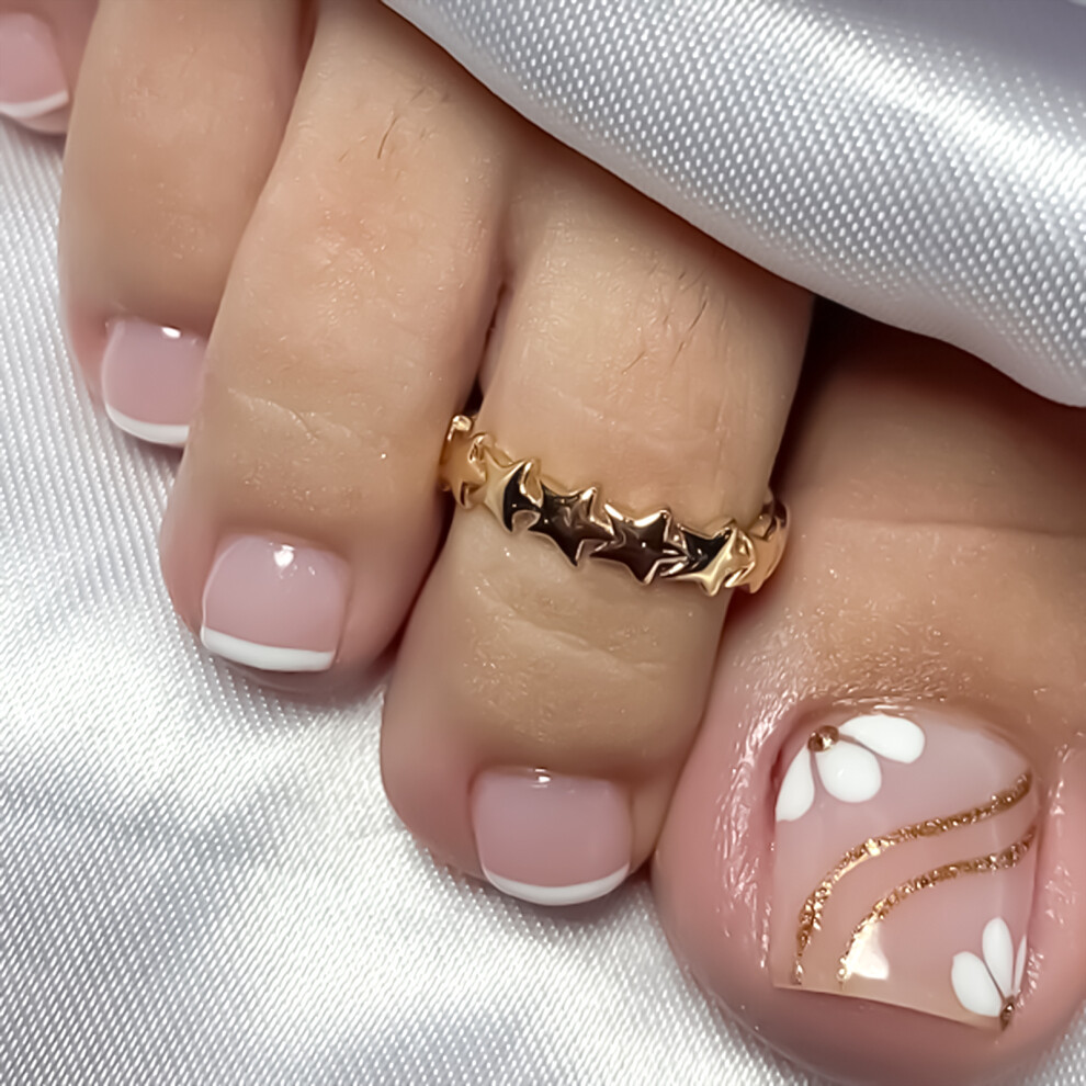 Roc-Electron Flower French Pink Fake Nails - Chip & Smudge Proof