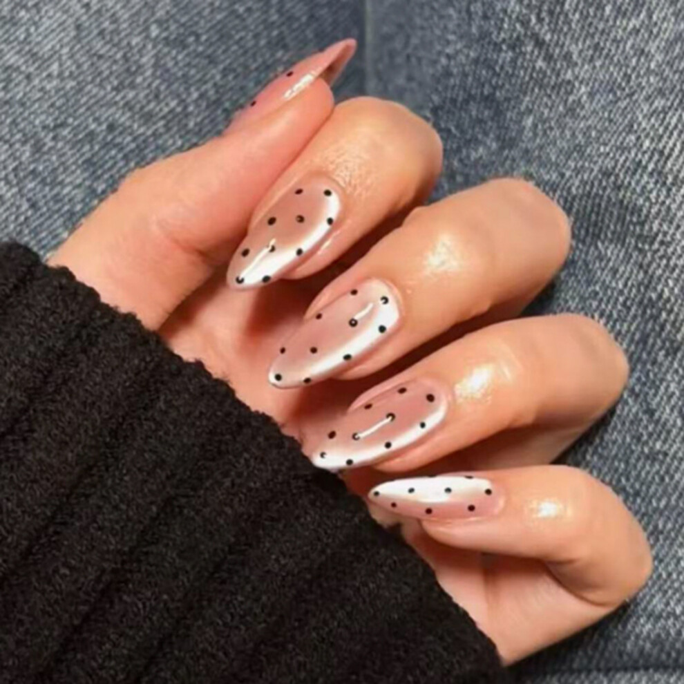 Zhouq-Outdoors 24Pcs Nude Cat Eye Fake Nails Black Polka Dot