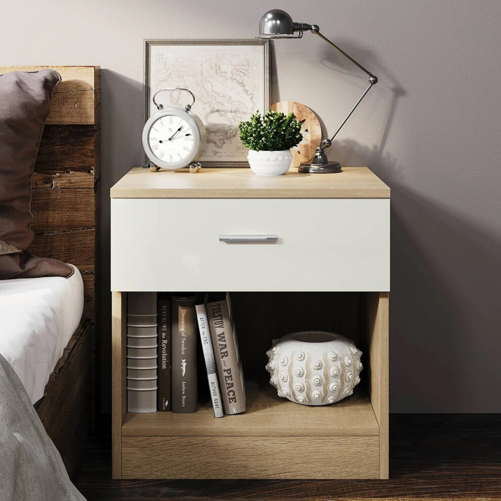 Comfy Living Oak/ High Gloss Bedside Table Cream