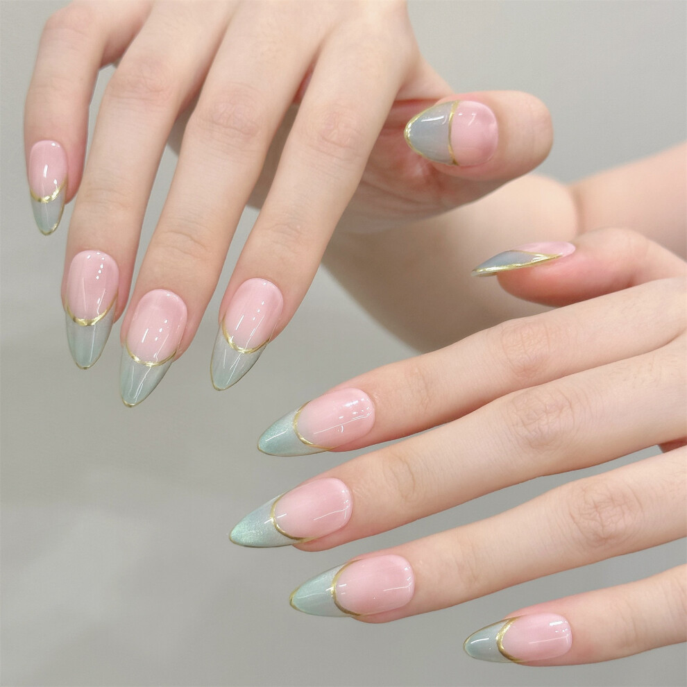 Penghui-Toys Green (S) Almond Press On Nails - 10Pcs French Fake Nails