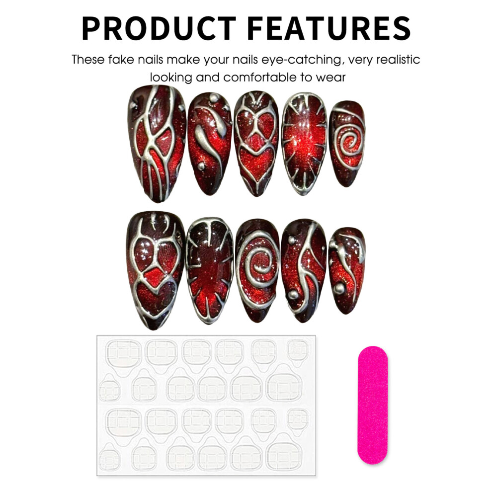 Penghui-Toys (Xs) 3D Heart Matte Press On Nails - 10Pcs Red Brown Almond Tips