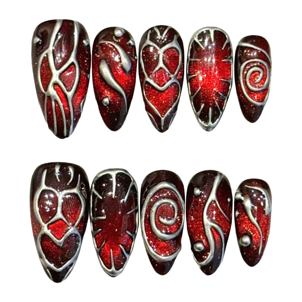 Penghui-Toys (L) 3D Heart Matte Press On Nails - 10Pcs Red Brown Almond Tips