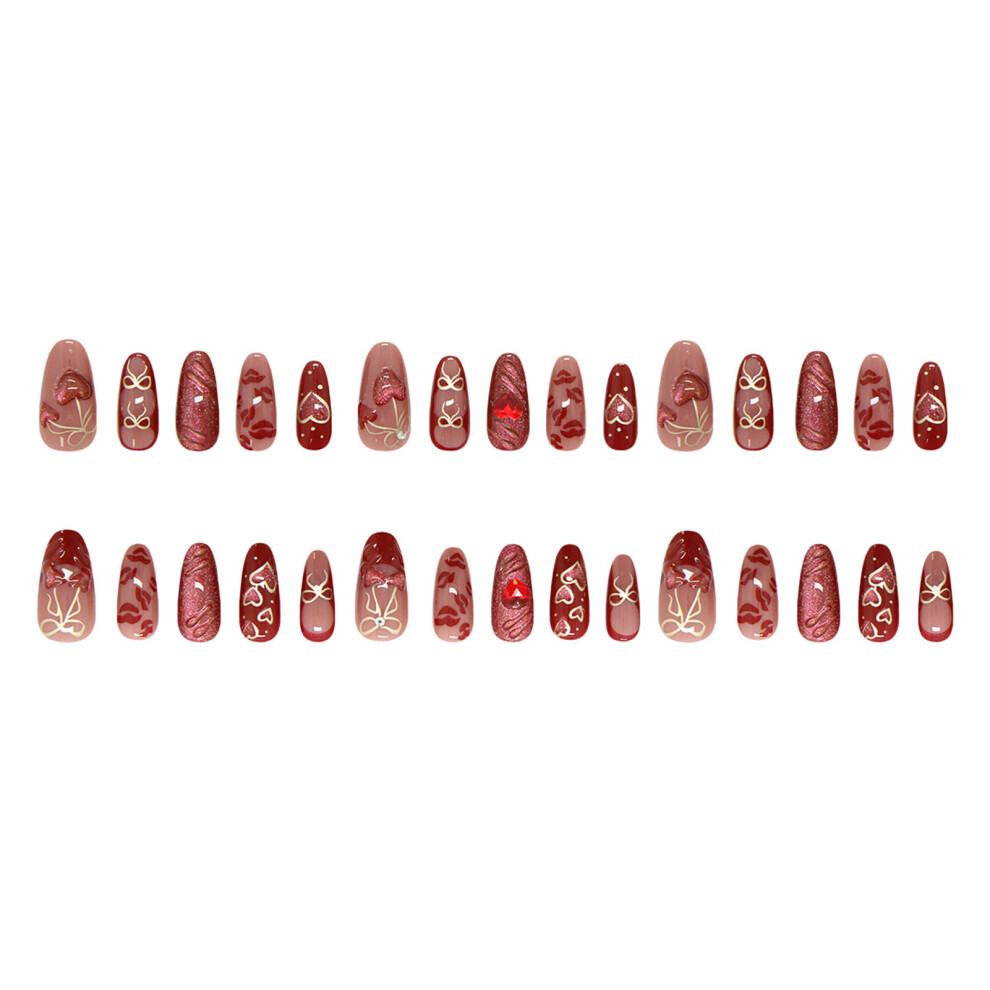 Roc-Electron 30Pcs Almond Fake Nails With Heart Cherry Pattern
