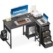 Coleshome Computer Desk with Drawers, 100x70 cm Corner Desk for Home Office, Reversible L Shaped