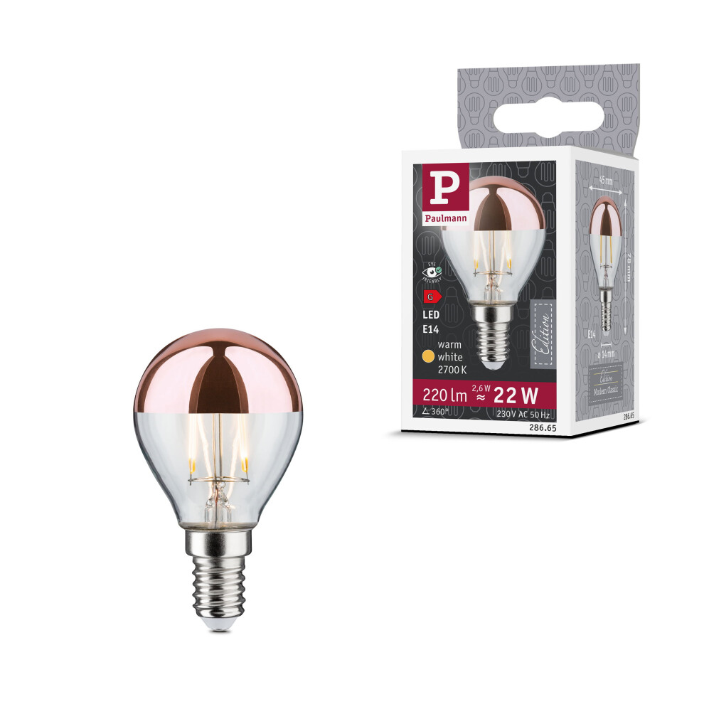 Paulmann 28665 Led Drop-Shaped Filament Lamp 2.6 Watts Lamp Crown Mirror Copper 2700 K Warm White E14