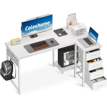 Coleshome Computer Desk with Drawers, 120x70 cm Corner Desk for Home Office, Reversible L Shaped Office Desks White