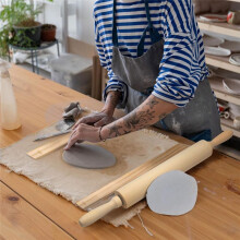 12 Pcs Pottery Tools 1 Wood Rolling Pin 1 Pottery Wedging Board/Linen Tablecloth and 10 Pcs 5 Size Teaching Rolling