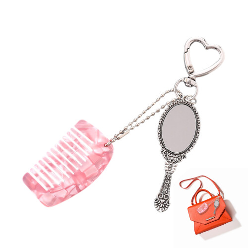 (Pink) Cute Mini Comb & Mirror Keyring for Home Decor 2