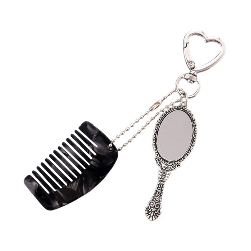 (Black) Cute Mini Comb & Mirror Keyring for Home Decor 2