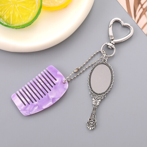 (Purple) Cute Mini Comb & Mirror Keyring for Home Decor 2