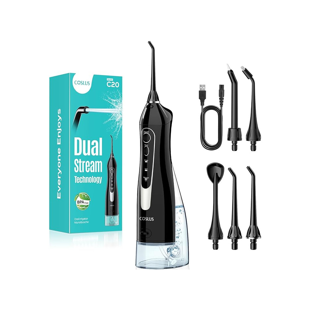 Coslus Water Dental Flosser For Teeth Cordless: Portable Oral Irrigator 300Ml 5 Jet Tips Rechargeable
