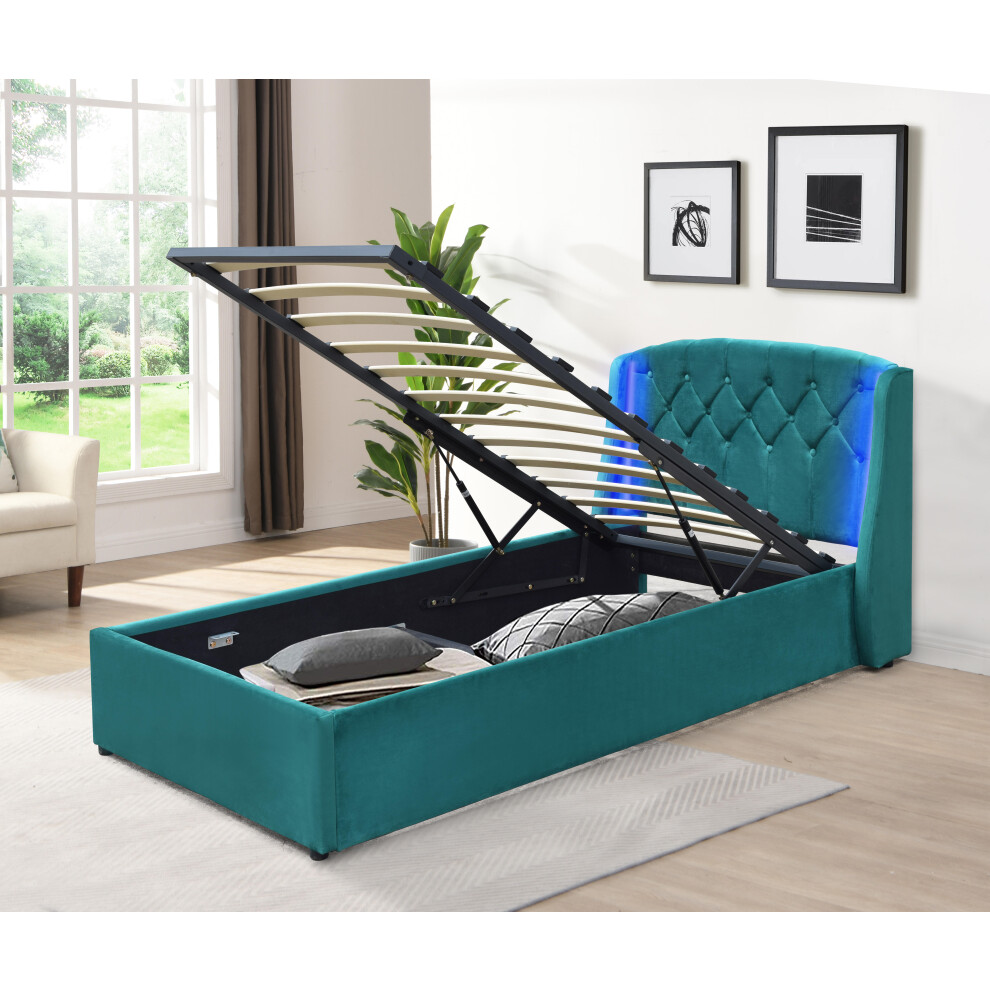 Comfy Living (3Ft Single, With Kerri Mattress) Fabric Gas Lift Bedframe Led Headboard In Green