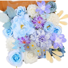 Artificial Flowers Combo: Silk Roses, Peonies, Dahlias with Stems – DIY Wedding Bouquets, Baby Shower, Home Decor – Blue & Purple