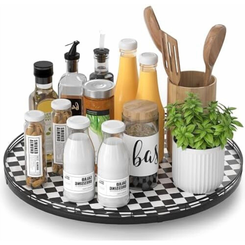 Prato giratório Lazy Susan quadriculado em preto e branco de 16 polegadas