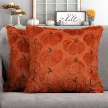 NestE Fall Pumpkin Pillow Covers 16x16, Set of 2, Dark Rust Red Plush Faux Fur Farmhouse Cushion Cases for Autumn & Thanksgiving Decor
