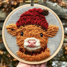 Cute Orange Highland Cow Punch Needle Kit with Christmas Hat, DIY Yarn Embroidery Set for Beginners, Includes Printed Pattern & Hoop (20x20cm)