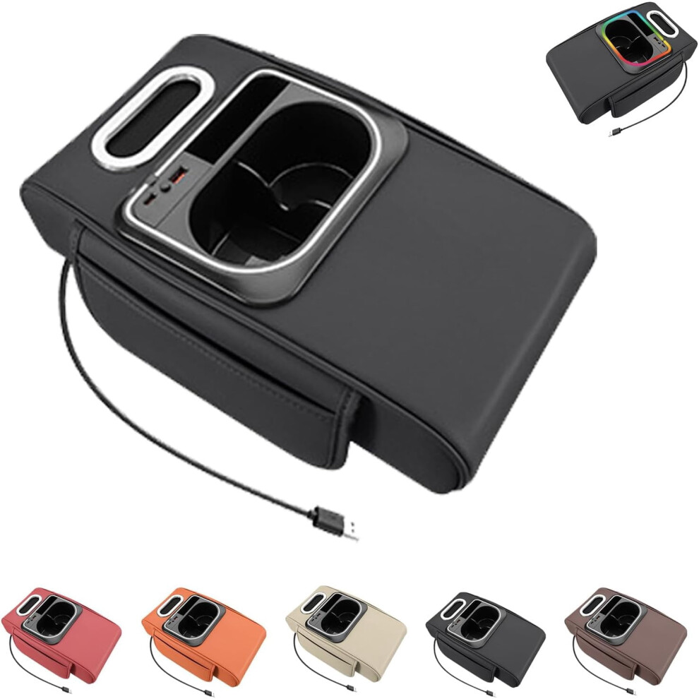 Upgraded Pu Leather Car Armrest Box Mat With Cup Holder, Tissue Holder, Ambient Usb Port Â Easy Install (Black) Light/Black 9496895127594