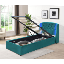 (3ft Single, With Tanya Mattress) Fabric Gas Lift Bedframe LED Headboard in Green