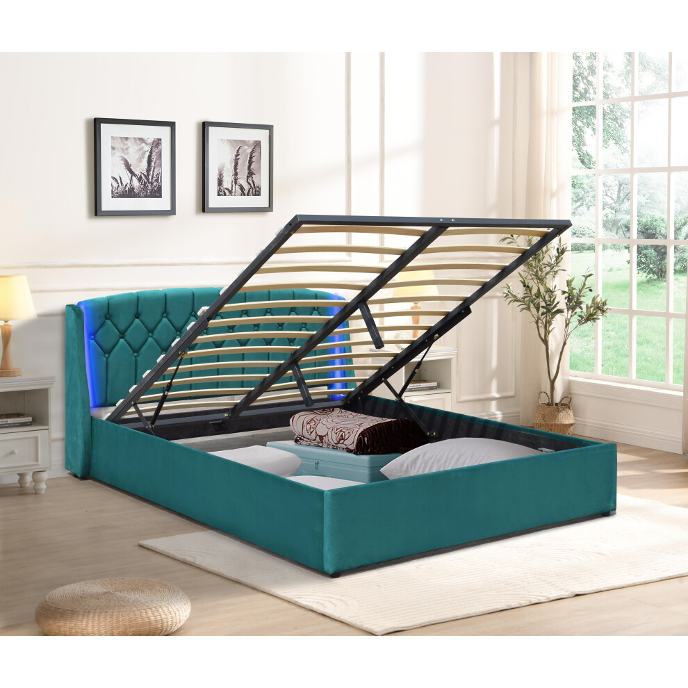 Comfy Living (4Ft6 Double, With Kerri Mattress) Fabric Gas Lift Bedframe Led Headboard In Green