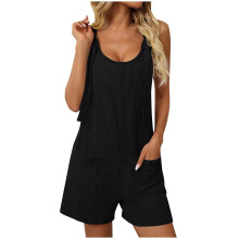 Combinaison noire unie sans manches avec poches – Combinaison légère et confortable pour temps chaud, tenue décontractée au quotidien