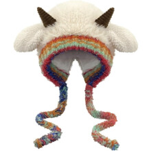 Winter Plush Faux Fur Knitted Animal Hat Cozy Cute Horns Sheep Ears Beanie Cap Warm Ear Flap Thick Lining Crochet Hats 2025