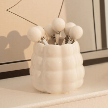 Ceramic fruit salad tableware jar, large-caliber design, with 3 spoons and 3 forks.