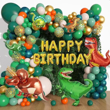 Kit d'arche de ballons dinosaures (165 pièces) : vert sauge et orange, 6 ballons en aluminium – Décoration de fête sur le thème de la jungle et