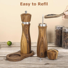 2 Pack Acacia Wood Salt & Pepper Grinder Set – 8" Manual Mills, Adjustable Ceramic Core, Stainless Steel, Tray, Spoon, Brush, Funnel – Compatible
