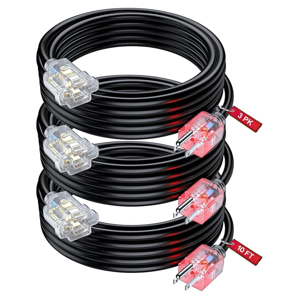 Extension Cord 10 Feet (3 Pack) Heavy Duty Outlet Saver, Etl Listed, 16Awg/13A, 3 Prong - Clear Lighted Male Plug, Black 9450273942308