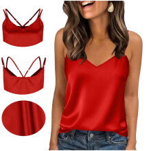 Top de tirantes de satén con cuello en V, estilo casual y moderno para mujer. Tirantes ajustables dobles. Color liso. Transpirable. Ideal para