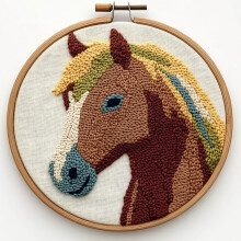 Brown Horse Punch Needle Kit for Beginners – DIY Embroidery Set with Pattern, Hoop & Yarn (20x20cm), Compatible with Punch Needle Tools